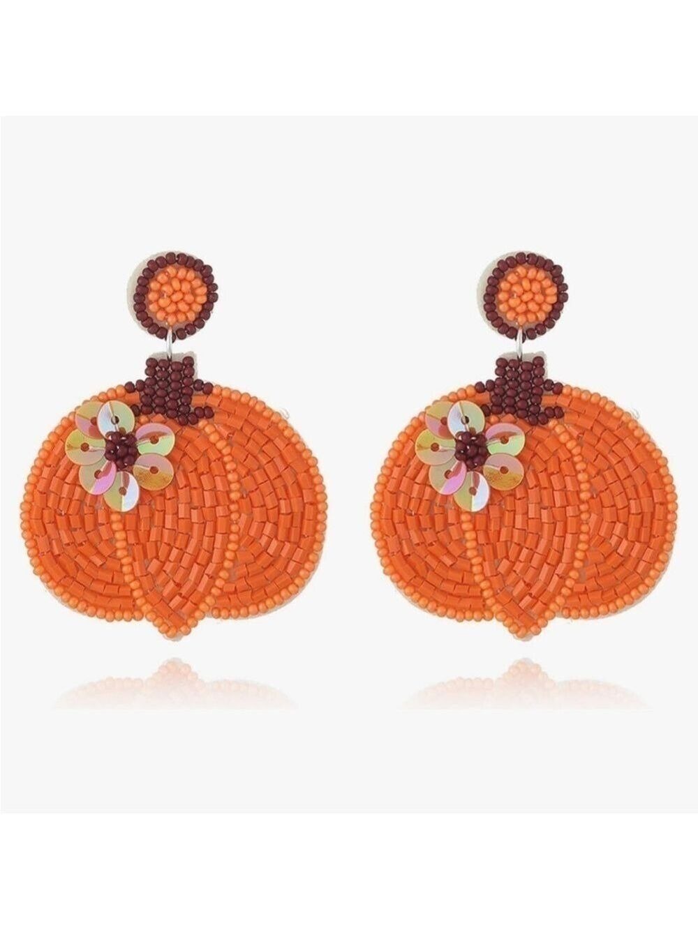 Earrings Pumpkin Beaded Sequins Dangle Halloween Fall Autumn Thanksgiving